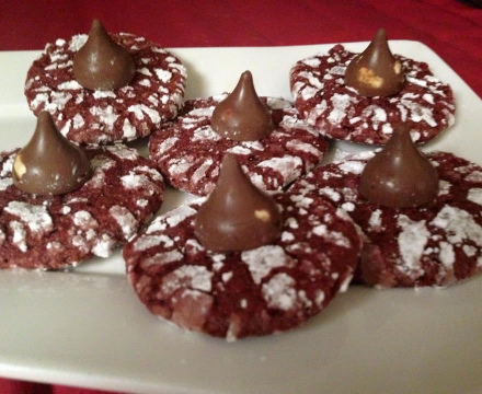 Red velvet crinkle cookies with hershey kiss